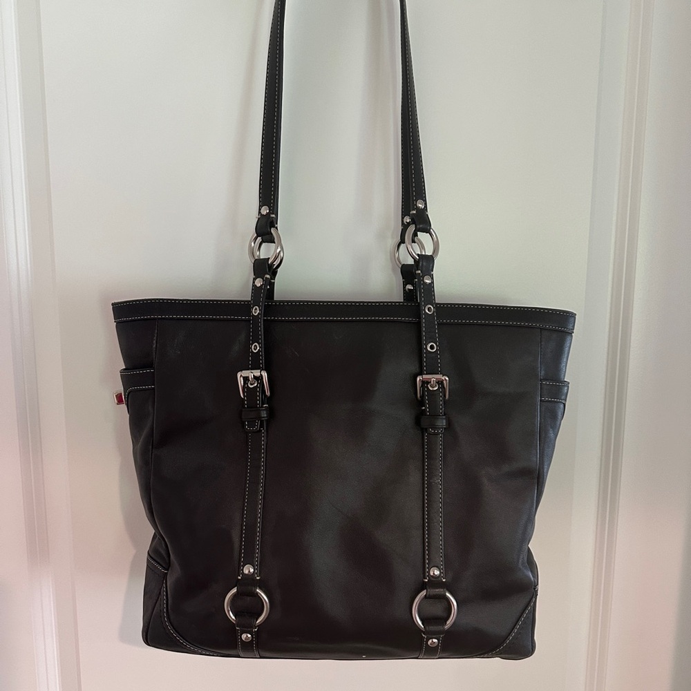 Coach Black Leather Tote with Silver Accents